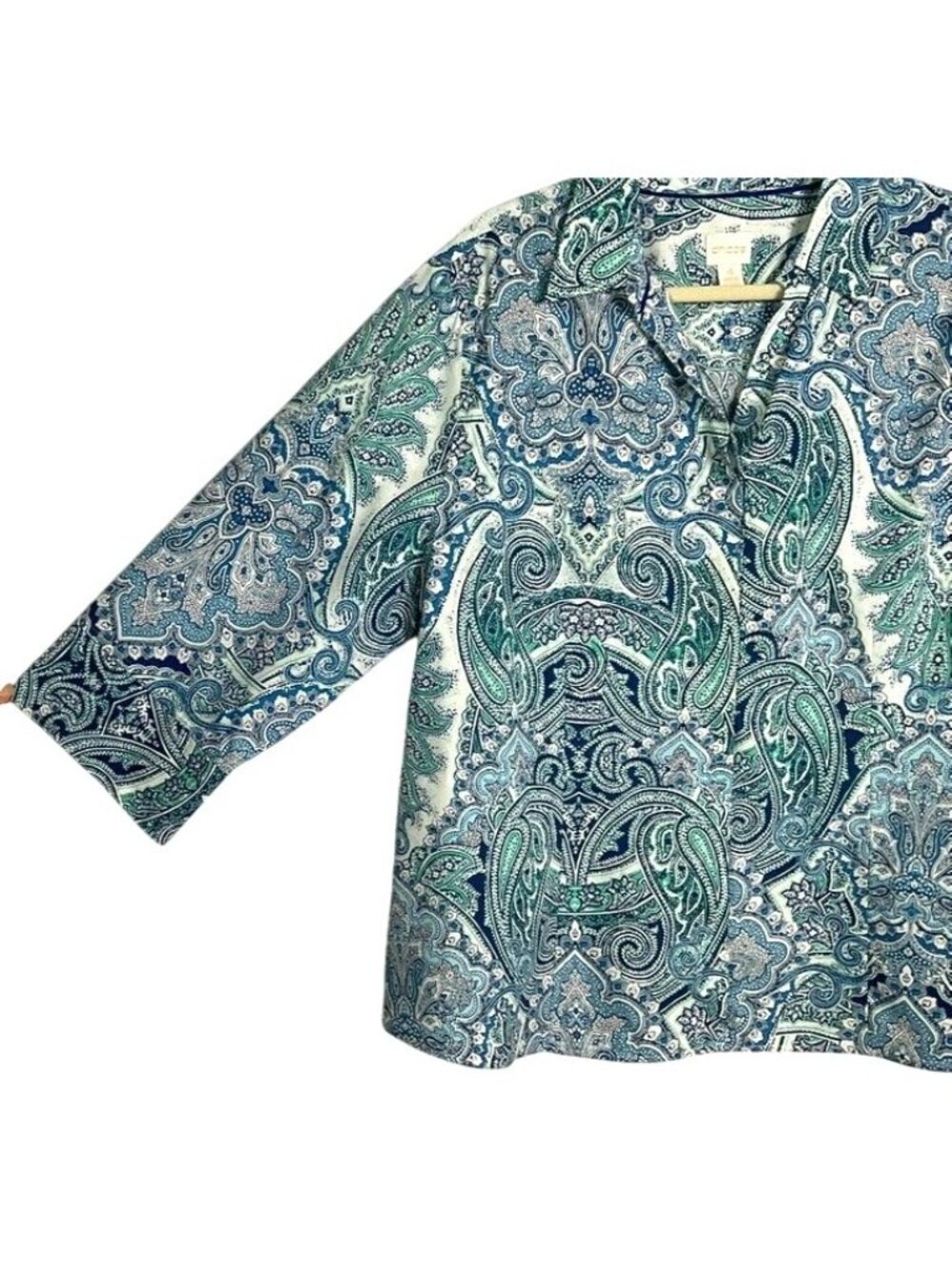 Chico's No-Iron Cotton Paisley Shirt Blue Green 3/4 Sleeve Size 4/20 - Picture 2 of 11